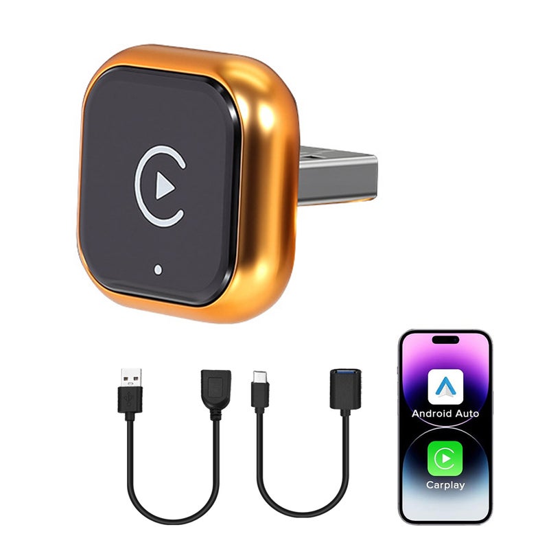 محول لاسلكي لـ CarPlay و Android Auto 2 في 1، دونقل لاسلكي لـ CarPlay ذكي من الأسلكي إلى اللاسلكي مع كابلات USB إلى USB و USB إلى Type C، مربع توصيل راديو السيارة الأصلي، برتقالي - Image 1