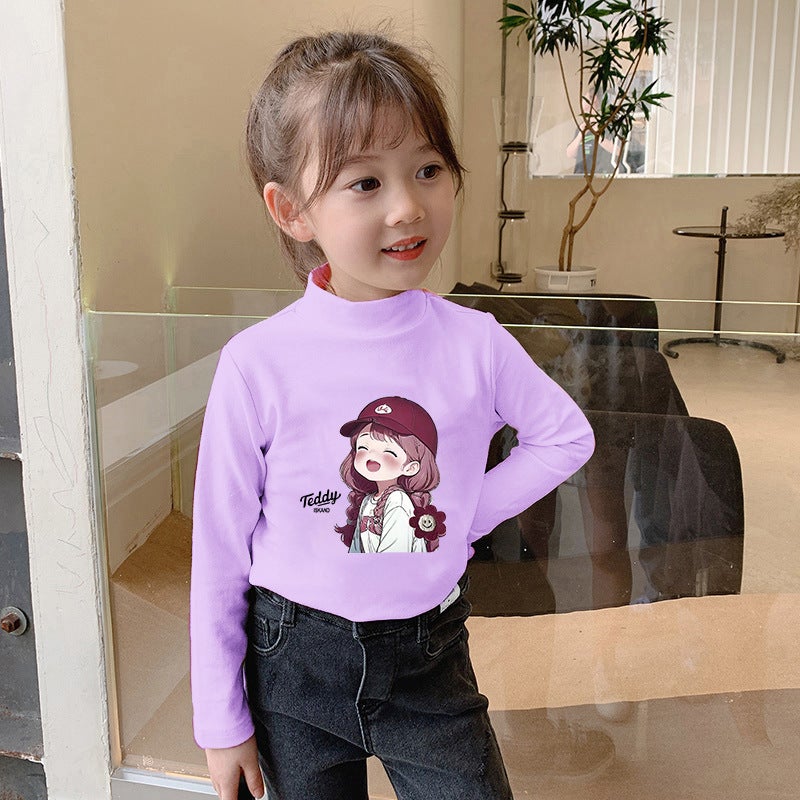 Children'S Base Shirt Half-High Collar Girl'S White Baby'S Long-Sleeved T-Shirt De-Velvet Base T-Shirt - Image 1