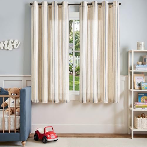 jinchan Colorful Linen Curtains for Nursery Living Room Multi Blue on Beige Striped Curtains for Bedroom Cute Ticking Stripe Farmhouse Baby Boys Kids Room Light Filtering Grommet 2 Panels 63 inch - Image 3