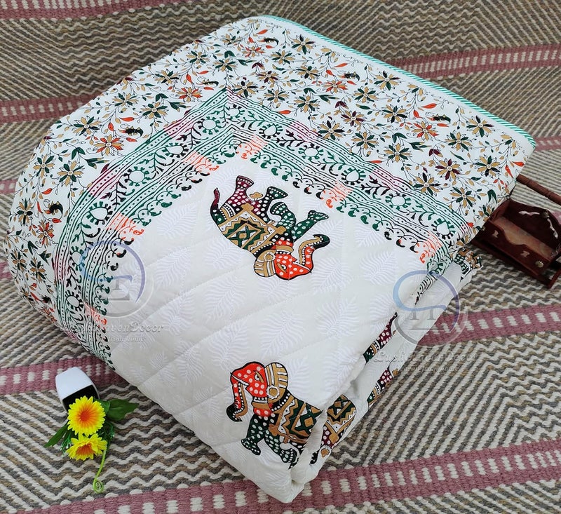 HASHIREX Sleep in Style with Our Computerized Quilted Lightweight Traditional Elephant Print Double Bed Jaipuri Razai Pure Cotton Filled Quilt Comforter Blanket 85 X 100 Inch - Image 1