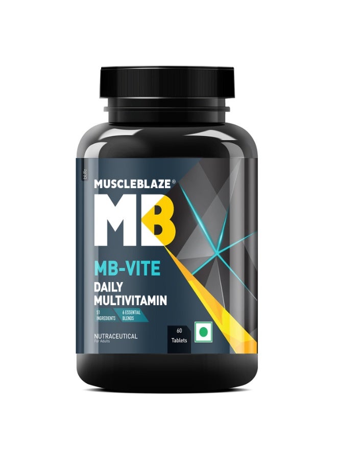 مسل بلايز MuscleBlaze MB-Vite فيتامينات متعددة للاستخدام اليومي (60 قرصاً) | يحتوي على 51 مكوناً و6 مزيجيات تشمل الفيتامينات والمعادن، والبريبايوتك والبروبيوتك، ومزيج الأحماض الأمينية | لتعزيز الطاقة والقدرة على التحمل وتسريع الاستشفاء العضلي - Image 1