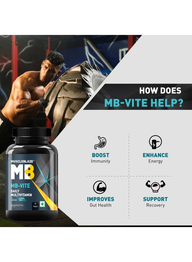 مسل بلايز MuscleBlaze MB-Vite فيتامينات متعددة للاستخدام اليومي (60 قرصاً) | يحتوي على 51 مكوناً و6 مزيجيات تشمل الفيتامينات والمعادن، والبريبايوتك والبروبيوتك، ومزيج الأحماض الأمينية | لتعزيز الطاقة والقدرة على التحمل وتسريع الاستشفاء العضلي - Image 2