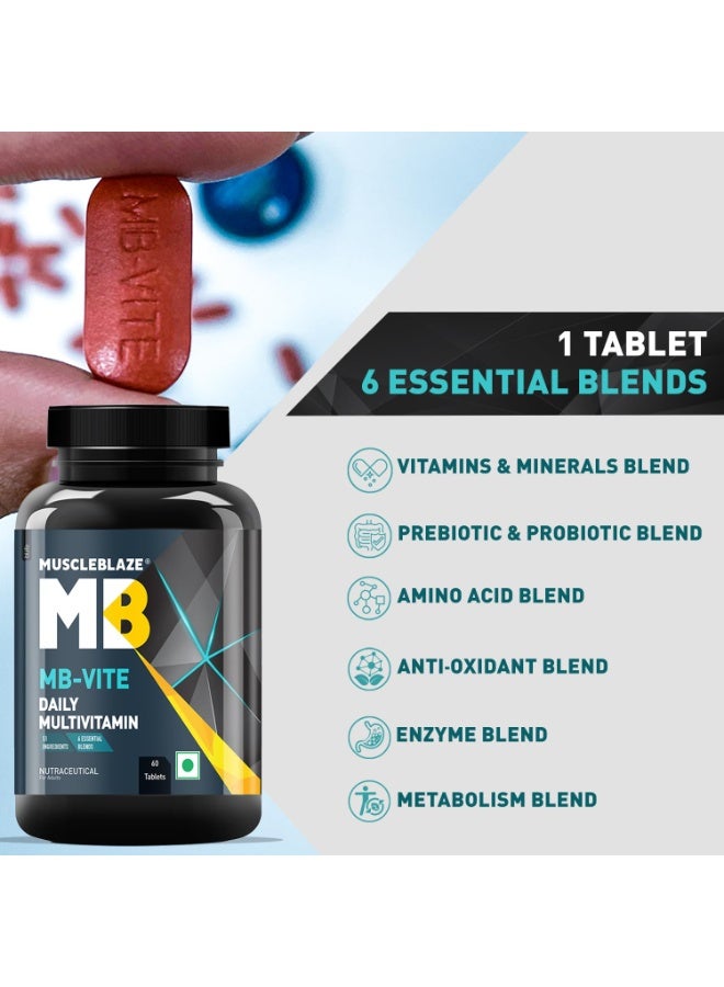 مسل بلايز MuscleBlaze MB-Vite فيتامينات متعددة للاستخدام اليومي (60 قرصاً) | يحتوي على 51 مكوناً و6 مزيجيات تشمل الفيتامينات والمعادن، والبريبايوتك والبروبيوتك، ومزيج الأحماض الأمينية | لتعزيز الطاقة والقدرة على التحمل وتسريع الاستشفاء العضلي - Image 4