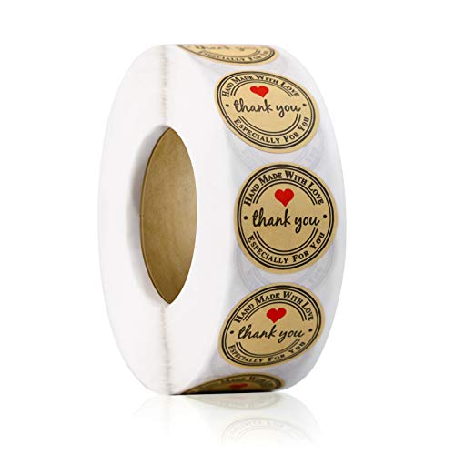 YOGET 500pcs YOGET 1.5 Inch Round Handmade with Love Sticker,Thank You Stickers Roll Kraft Paper Strong Adhesive Stickers - Image 1