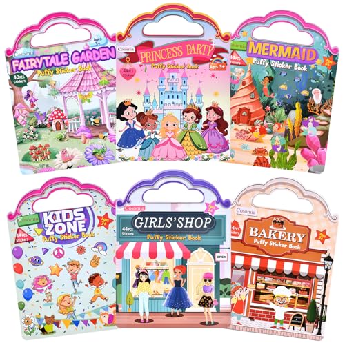 Cosomia 6 Set 260pcs Puffy Sticker Books Activity for Girls Reusable Stickers Book FairytaleGardenPrincess PartyMermaidKids ZoneGirls Shop Travel Book for Kids Ages 3 - Image 1
