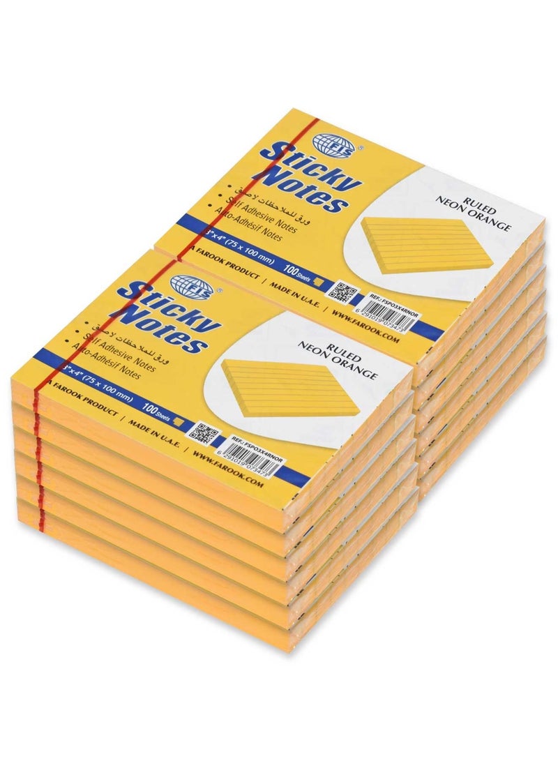 FIS Sticky Note Pad, 3X4 inches, Pack of 12, Ruled Neon Orange -FSPO3X4RNOR - Image 1