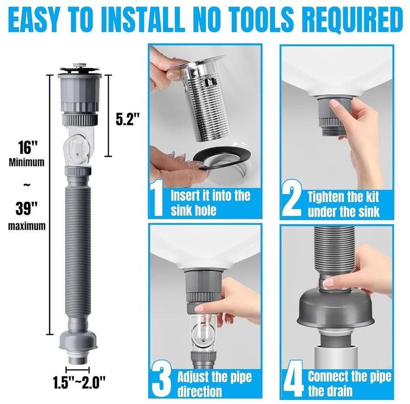 ZEBROC Adjustable Anti-Odor Sink Drainage Pipe Kit – Flexible Universal Waste Pipe with 304 Stainless Steel Strainer Plug, Rubber Sealing Gasket & Connector Nut – Fits Bathroom & Kitchen (1) - Image 5