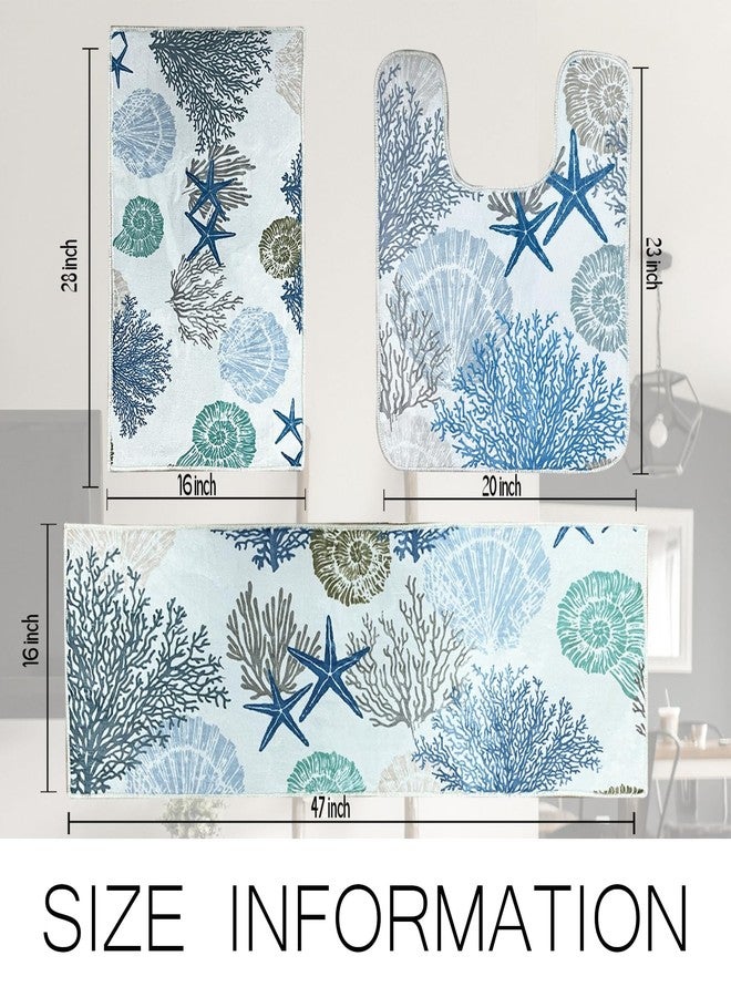 BBSET Sea Life Bathroom Rugs Sets 3 Piece Blue Runner Bath Mat Set with U Shaped Toilet Rug Non Slip Washable Bath Rugs for Sink Tub (Sea, 16x28+16x47+U Shape 20x24 inch) - Image 2