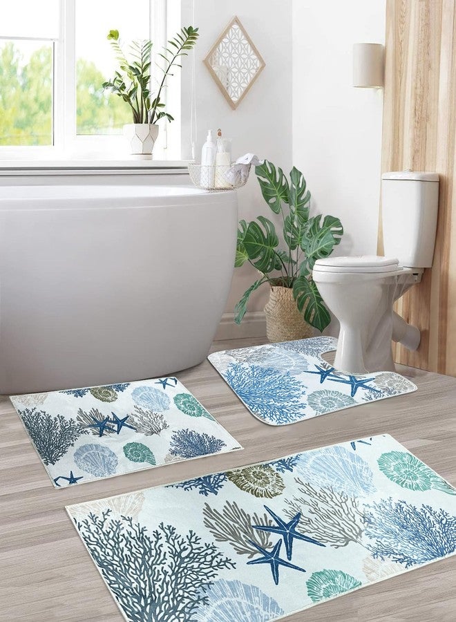 BBSET Sea Life Bathroom Rugs Sets 3 Piece Blue Runner Bath Mat Set with U Shaped Toilet Rug Non Slip Washable Bath Rugs for Sink Tub (Sea, 16x28+16x47+U Shape 20x24 inch) - Image 1