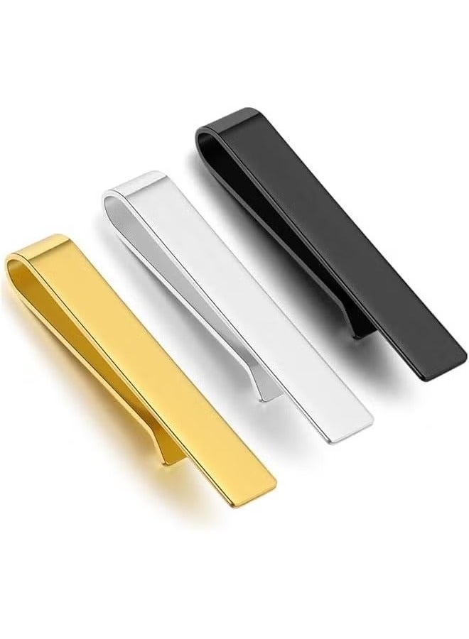 Slim Tie Clips for Men Brass - 3 Pieces Tie Clips for Wedding Business Gift, Narrow Size, Wedding Tie Clip Set, Gift (Silver/Gold/Black) - Image 1