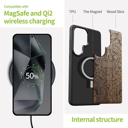 Carveit Magnetic Wooden Case for Samsung Galaxy S26 Ultra Case 2026, TPU Shockproof Cover & Wood Artisan Engraved, Compatible with MagSafe Wireless Chargers (The Maya Calendar) Walnut - Image 4