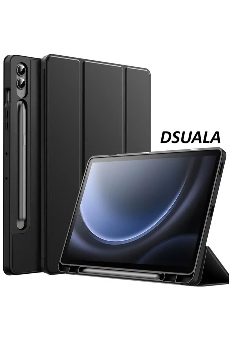 DUSALA Case for Samsung Galaxy Tab S9 FE+ / S9 FE Plus 12.4-Inch – Soft TPU Tri-Fold Stand Protective Cover with S Pen Holder, S Pen Charging Support, Auto Wake/Sleep (Black) - Image 1