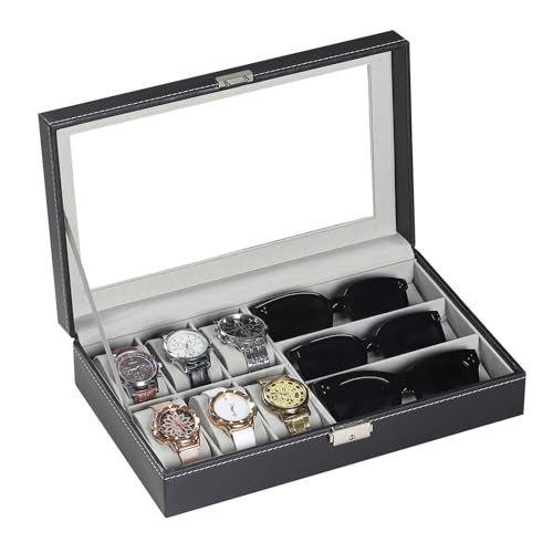 AUTOARK Leather 6 Watch and 3 Eyeglasses&Sunglasses Box with Jewelry Display Case Organizer,Mens Women Storage Holder Boxes,Glass Top,Black,AW-004 - Image 1