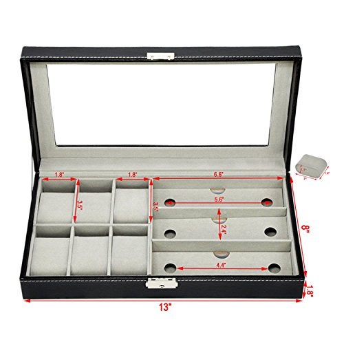 AUTOARK Leather 6 Watch and 3 Eyeglasses&Sunglasses Box with Jewelry Display Case Organizer,Mens Women Storage Holder Boxes,Glass Top,Black,AW-004 - Image 3