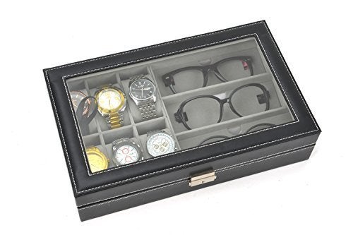 AUTOARK Leather 6 Watch and 3 Eyeglasses&Sunglasses Box with Jewelry Display Case Organizer,Mens Women Storage Holder Boxes,Glass Top,Black,AW-004 - Image 4