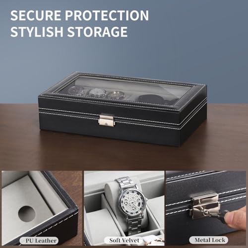 AUTOARK Leather 6 Watch and 3 Eyeglasses&Sunglasses Box with Jewelry Display Case Organizer,Mens Women Storage Holder Boxes,Glass Top,Black,AW-004 - Image 5