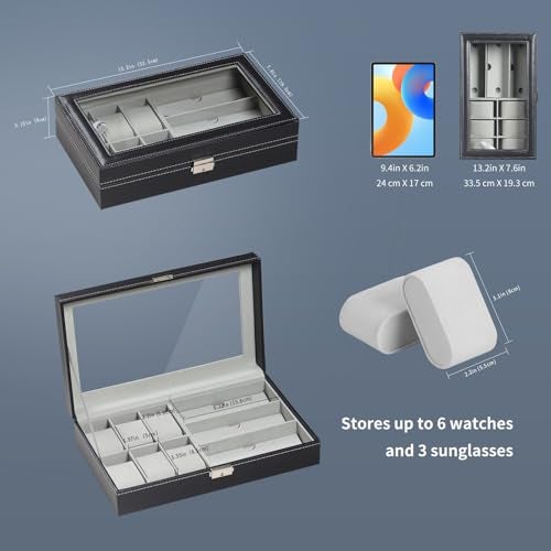 AUTOARK Leather 6 Watch and 3 Eyeglasses&Sunglasses Box with Jewelry Display Case Organizer,Mens Women Storage Holder Boxes,Glass Top,Black,AW-004 - Image 2