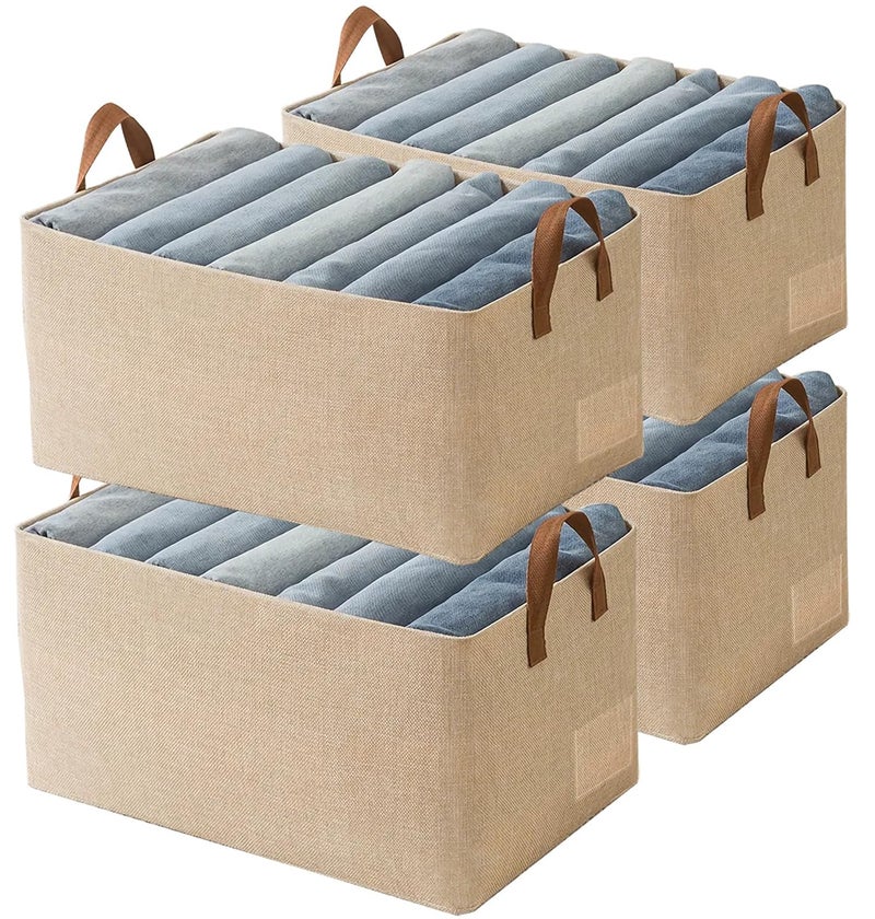 AARAINBOW Linen Closet Organizer Storage Bin with Steel Frame, Stackable Fabric Jeans Baskets for Shelves, 4 Packs Foldable Wardrobe Clothes Box for Sweater Pants Clothing Towel Shirt Felt, 23L Beige - Image 1