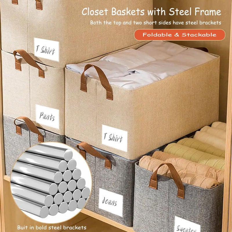 AARAINBOW Linen Closet Organizer Storage Bin with Steel Frame, Stackable Fabric Jeans Baskets for Shelves, 4 Packs Foldable Wardrobe Clothes Box for Sweater Pants Clothing Towel Shirt Felt, 23L Beige - Image 3