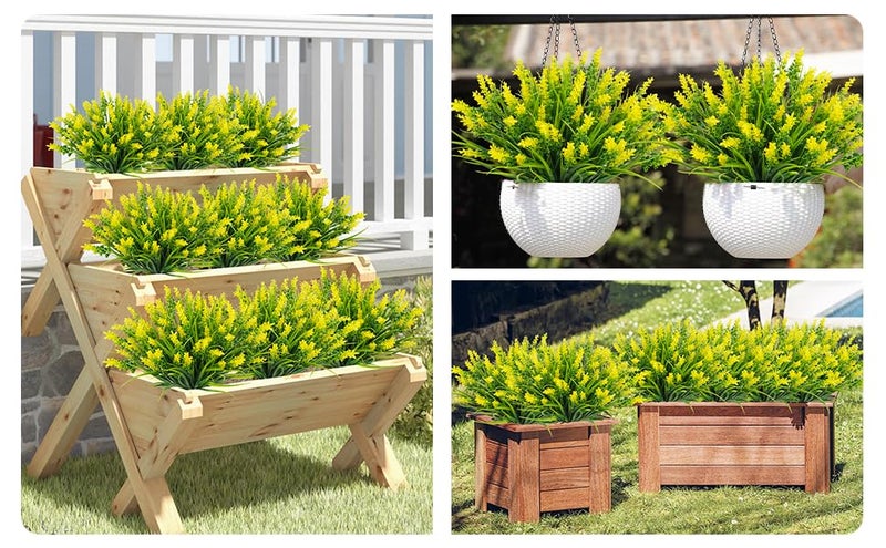 obbsie 12 Bundles Artificial Plants Outdoor, 18.2" UV Resistant Faux Monkey Grass Greenery Stems No Fade Faux Plastic Flowers Shrubs for Home Weddings Garden Porch Front Patio Office Decor - Yellow - Image 5