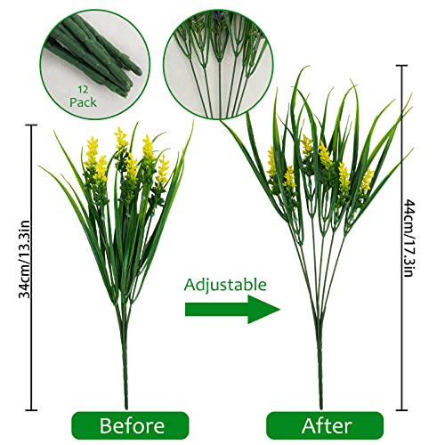 obbsie 12 Bundles Artificial Plants Outdoor, 18.2" UV Resistant Faux Monkey Grass Greenery Stems No Fade Faux Plastic Flowers Shrubs for Home Weddings Garden Porch Front Patio Office Decor - Yellow - Image 3