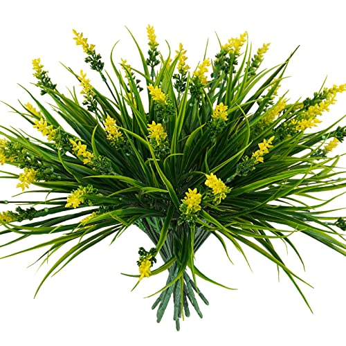 obbsie 12 Bundles Artificial Plants Outdoor, 18.2" UV Resistant Faux Monkey Grass Greenery Stems No Fade Faux Plastic Flowers Shrubs for Home Weddings Garden Porch Front Patio Office Decor - Yellow - Image 1