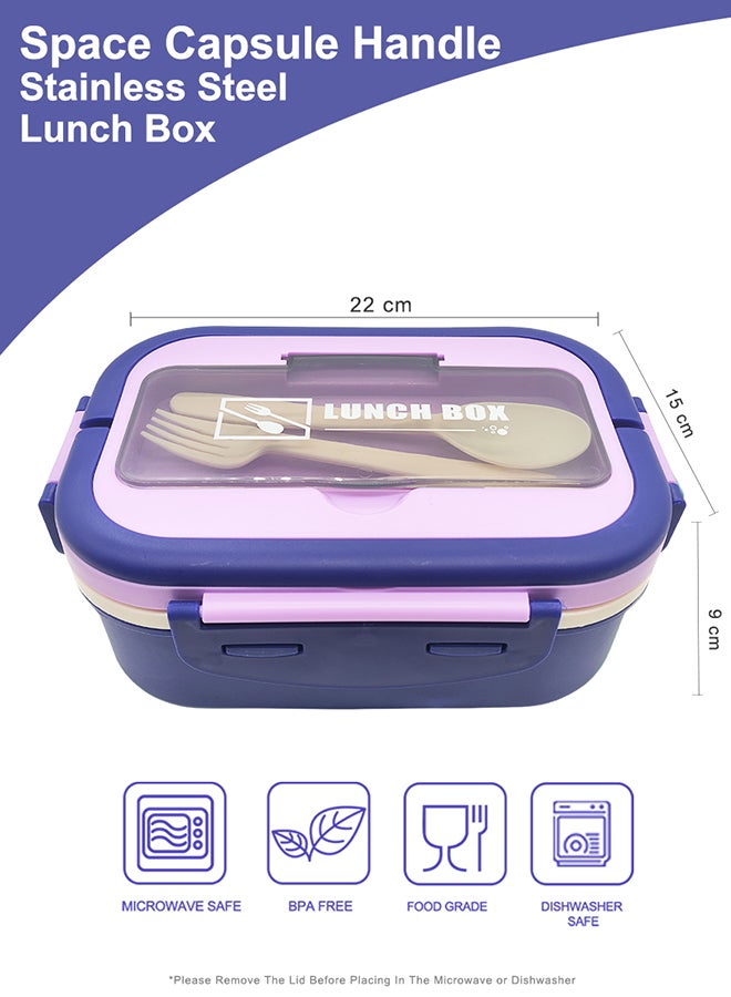Noon East Lunch Box, 1650ml, Portable, Leak Proof wity Clips Lock, Handle and Cutlery Set - Purple  - Image 2