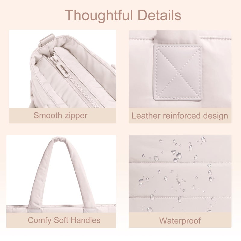 GASSDA Tote Bag for Women Puffer Tote Bag Large Quilted Nurse Bag with Zipper for Work Travel (Z-large Beige) - Image 5