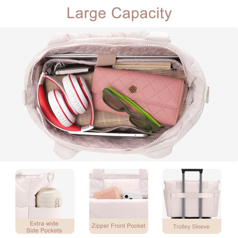 GASSDA Tote Bag for Women Puffer Tote Bag Large Quilted Nurse Bag with Zipper for Work Travel (Z-large Beige) - Image 4