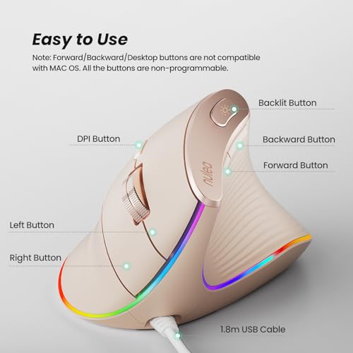 Nulea M504 Wired Vertical Mouse, USB Ergonomic Optical Mouse with 4 Adjustable DPI, 11 RGB Backlight Modes, Compatible for Laptop, PC, Desktop, Mac, Pink - Image 4