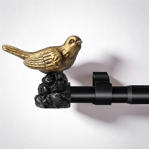 KVEEO Bird Curtain Rod 18-45 Inch Black Curtain Rod with Gold Bird Finials Adjustable Heavy Duty Vintage Drapery Rod for Kitchen Window Living Room Bedroom - Image 1