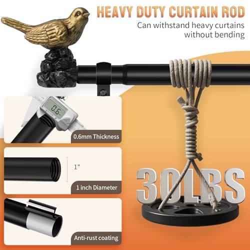 KVEEO Bird Curtain Rod 18-45 Inch Black Curtain Rod with Gold Bird Finials Adjustable Heavy Duty Vintage Drapery Rod for Kitchen Window Living Room Bedroom - Image 3