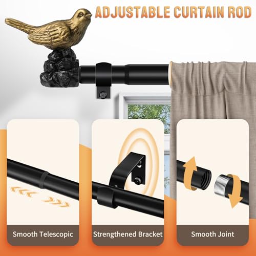 KVEEO Bird Curtain Rod 18-45 Inch Black Curtain Rod with Gold Bird Finials Adjustable Heavy Duty Vintage Drapery Rod for Kitchen Window Living Room Bedroom - Image 4