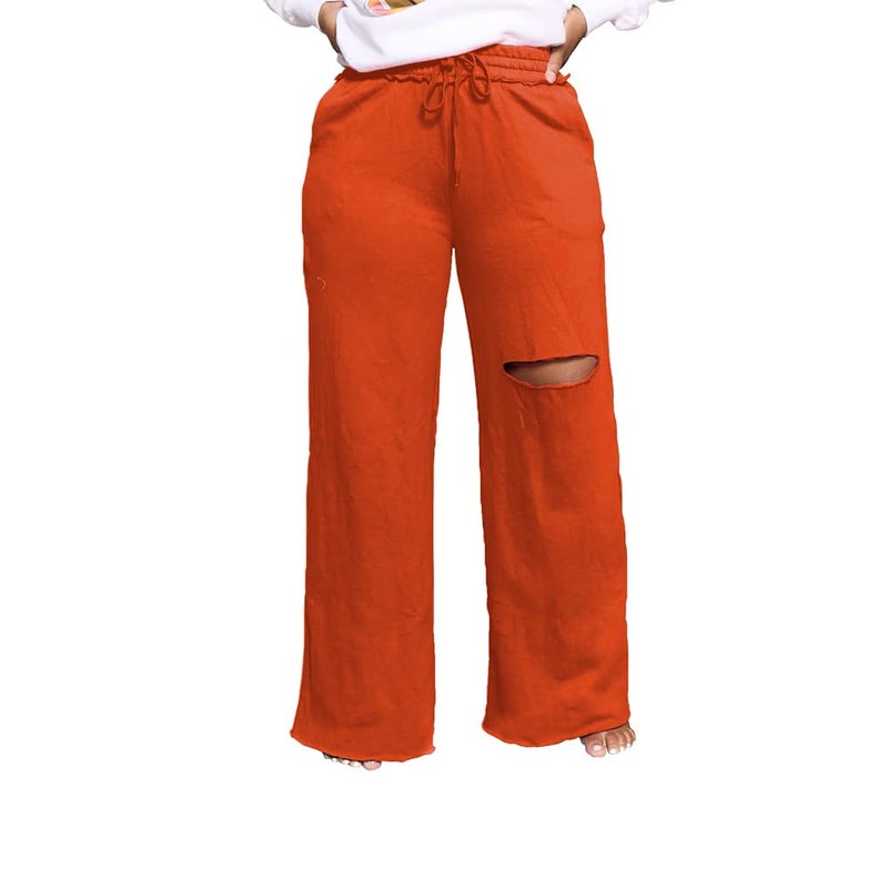 PINSV Wide Leg Pants for Women Drawstring Baggy Straight Casual Sweatpants with Pockets Orange M - Image 3