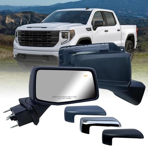 LONGLING Passenger Right Side Door Mirror Power and Heated Glass with BSMBlind Spot Light Textured primer and Chrome Back Cover Manual Folding for Chevrolet Silverado 1500 from 2019 to 2025 - Image 1