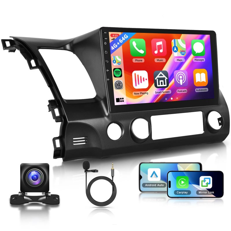 Podofo 4G+64G Radio for Honda Civic 2006 2007 2008 2009 2010 2011 Car Stereo, Wireless CarPlay Android Auto 10.1 Inch IPS Touch Screen Android 13 GPS WiFi Bluetooth DSP Audio HD Backup Camera - Image 1