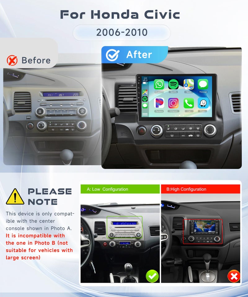 Podofo 4G+64G Radio for Honda Civic 2006 2007 2008 2009 2010 2011 Car Stereo, Wireless CarPlay Android Auto 10.1 Inch IPS Touch Screen Android 13 GPS WiFi Bluetooth DSP Audio HD Backup Camera - Image 2