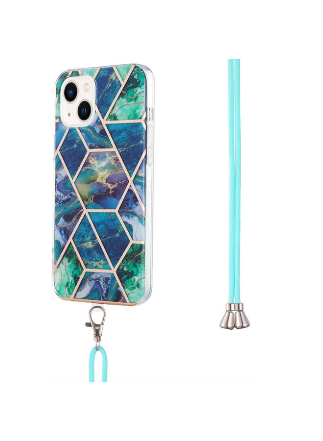 S-TOP Case For iPhone 15 Plus Electroplating Splicing Marble Pattern IMD TPU Shockproof Case with Neck Lanyard - Image 2
