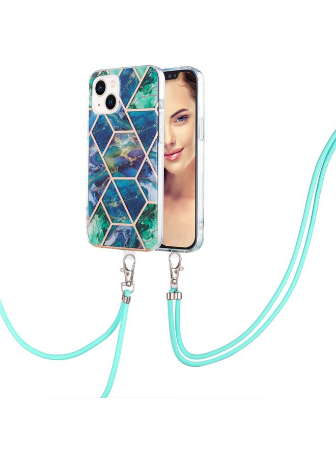 S-TOP Case For iPhone 15 Plus Electroplating Splicing Marble Pattern IMD TPU Shockproof Case with Neck Lanyard - Image 1