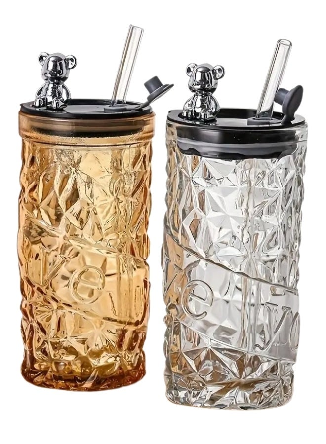 FALMER Luxury Crystal Glass Cup With Lid And Straw Decorated With A Cute Bear, Suitable For Hot And Cold Drinks, 400Ml  - Image 1