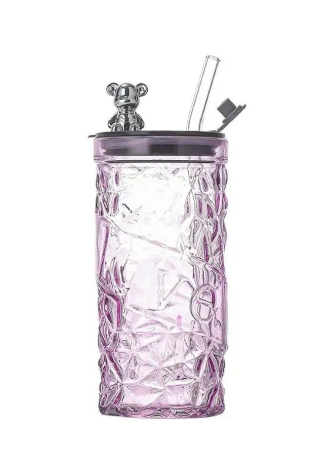 FALMER Luxury Crystal Glass Cup With Lid And Straw Decorated With A Cute Bear, Suitable For Hot And Cold Drinks, 400Ml  - Image 3