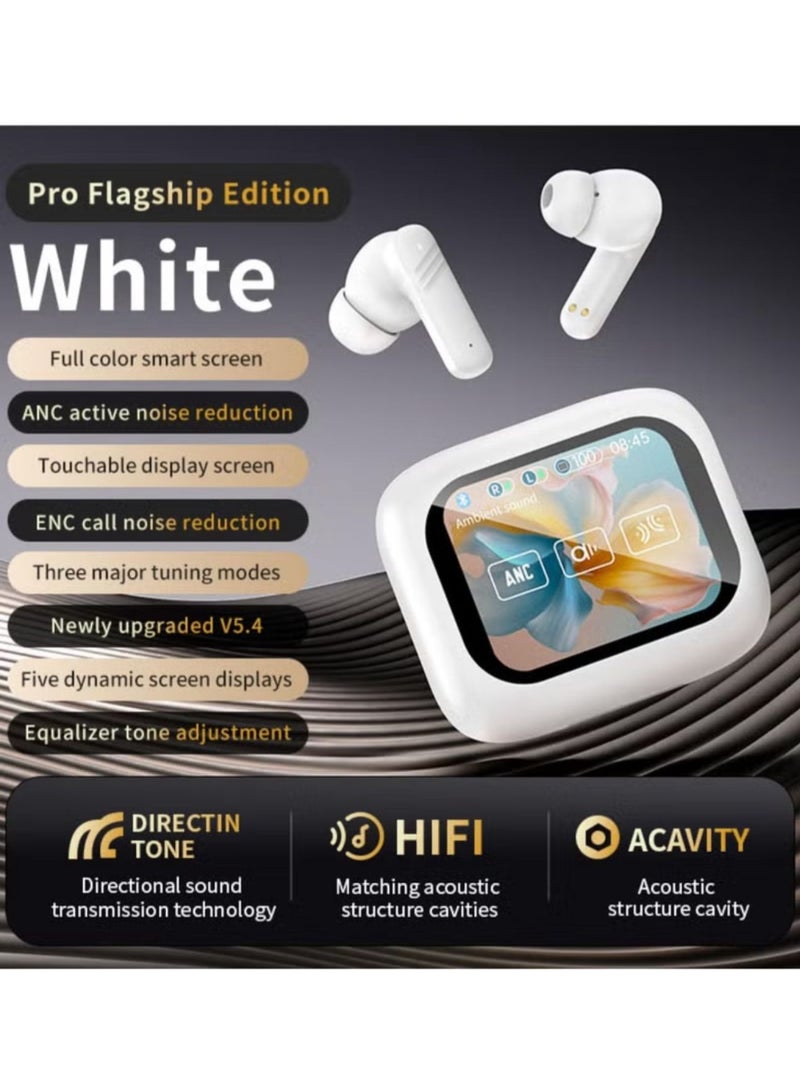 Denx Smart Bluetooth Earphone with Touch Screen ANC/ENC with 320mAh Battery Waterproof Wireless Bluetooth Earbuds with Noise Cancelling and Professional LCD Display for iPhone and Android in White - Image 2