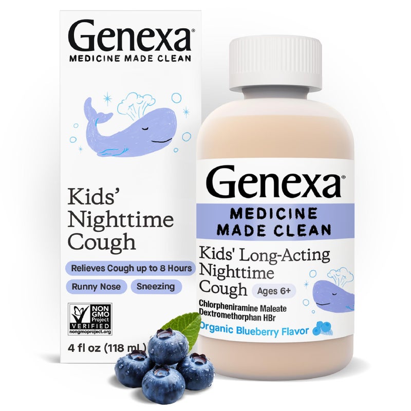 Genexa Genexa Clean Kids LongActing Nighttime Cough Medicine Dye Free 0 Artificial Additives Childrens Cough Suppressant Relief for Runny Nose Sneezing Ages 6 Organic Blueberry Flavor 4 fl oz 