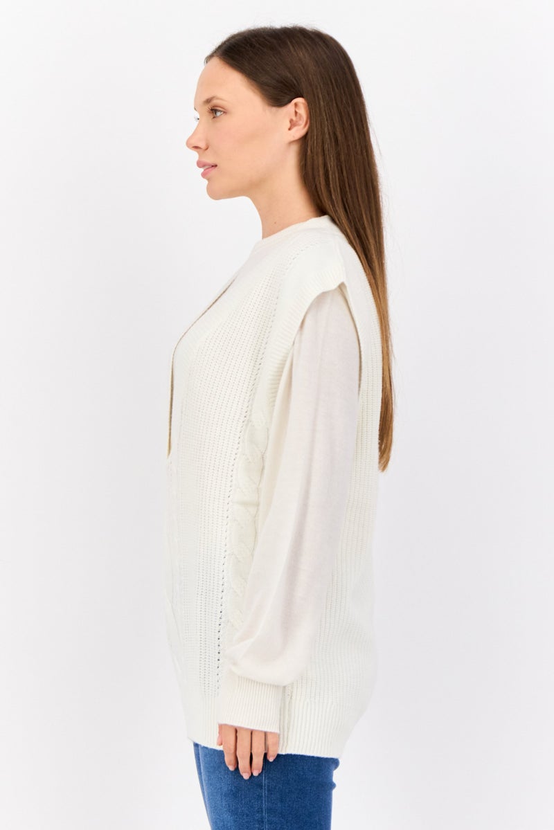 ESPRIT Women V-Neck Cable Knitted Sweater, Off White - Image 2