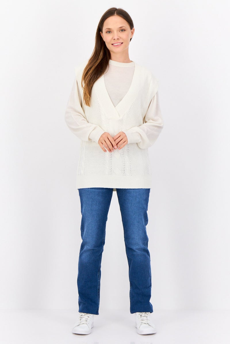 ESPRIT Women V-Neck Cable Knitted Sweater, Off White - Image 4