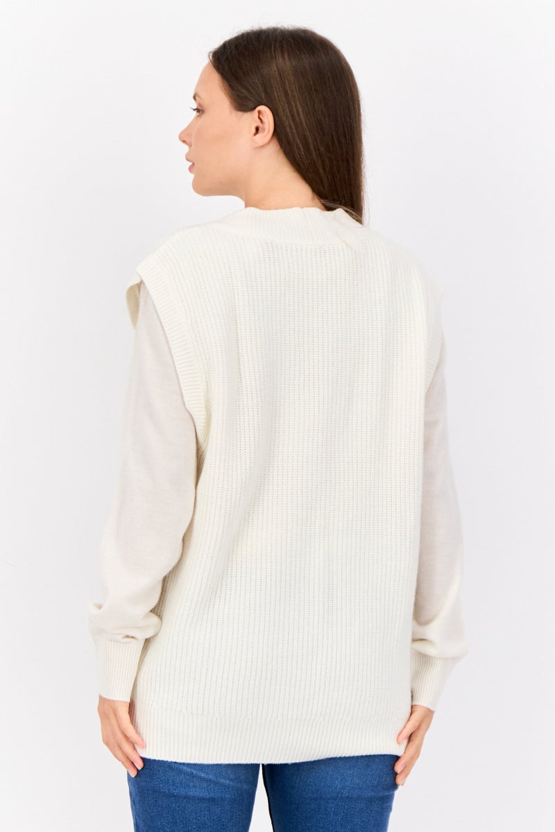 ESPRIT Women V-Neck Cable Knitted Sweater, Off White - Image 3