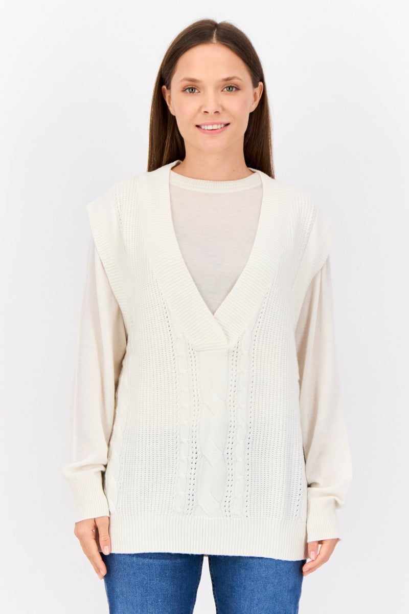ESPRIT Women V-Neck Cable Knitted Sweater, Off White - Image 1