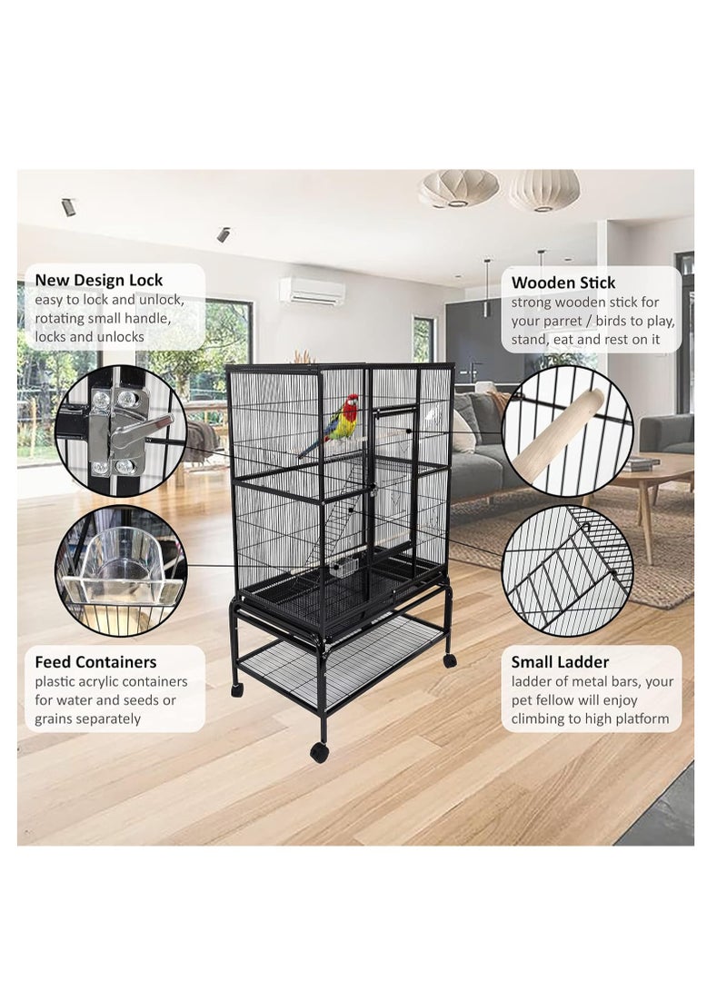 أن ان سي بيتس قفص طيور للطيور الصغيرة والمتوسطة، قفص طيور واسع مع مجاثم خشبية، سلم للتسلق، أكواب تغذية، صينية قابلة للإزالة، قاعدة قابلة للفصل ورف سفلي 136 سم (أسود) - Image 5