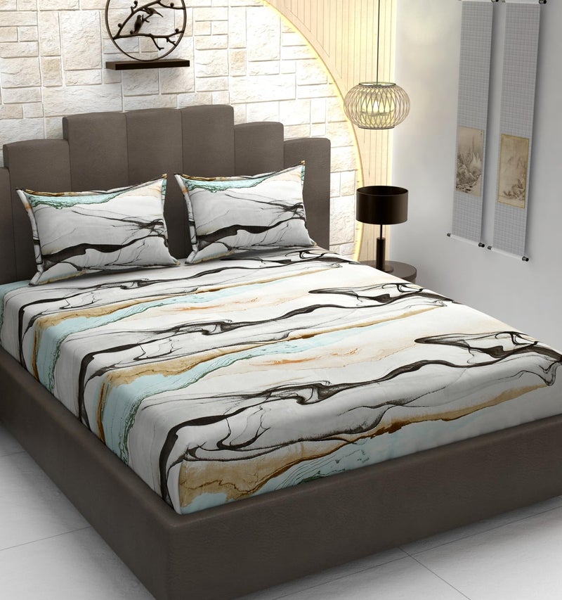 DECOREZA 320 TC Cotton Feel Elastic Fitted King Size Bedsheet 72x78 +10 Inch with 2 Pillow Covers | Glace Cotton | Wrinkle-Free | Bedsheet for Double Bed - (Misty Wave, King Size 72" x 78") - Image 1