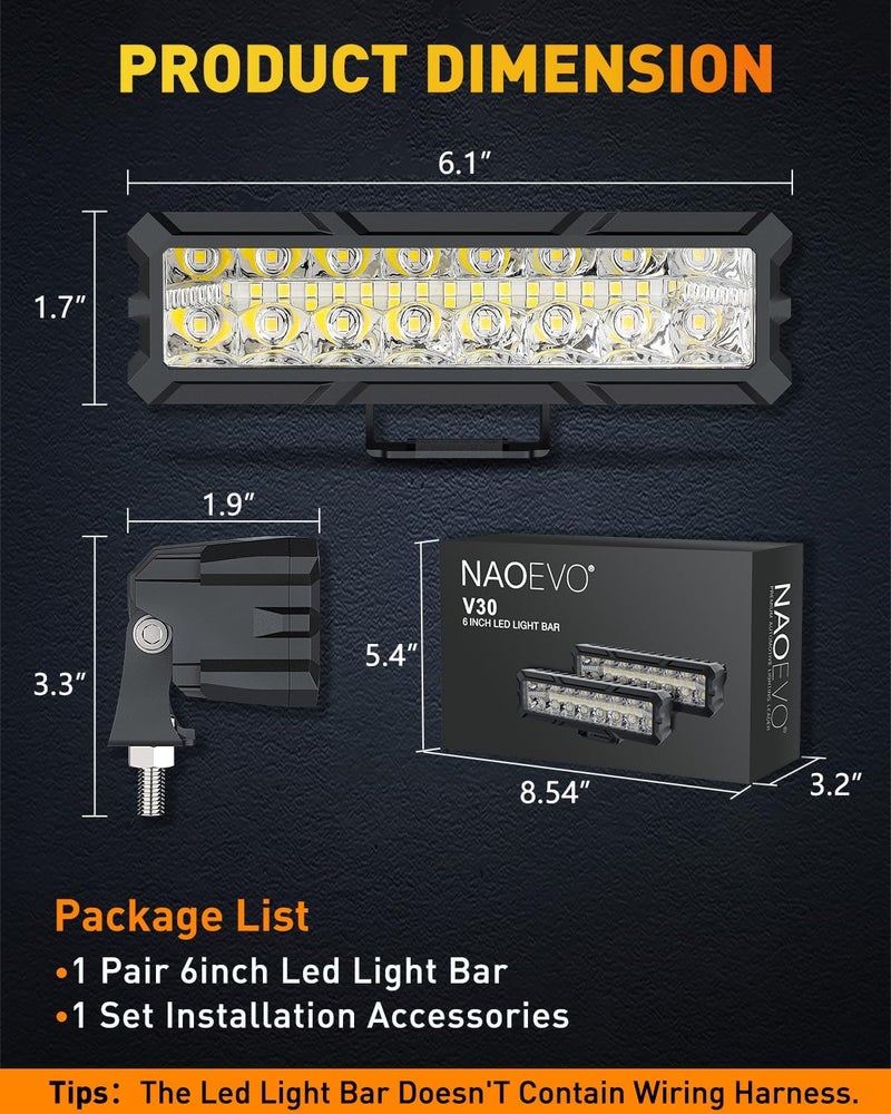 ناوايفو شريط إضاءة LED بطول 6 بوصات، مزيج من إضاءة نقطية وإضاءة عريضة بلون أبيض، قوة 50 واط وسطوع 4000 لومن، عبوة إضاءة بيضاء ساطعة، مثالية للقوارب والشاحنات والسيارات الصغيرة والدراجات النارية ومركبات الطرق الوعرة وسيارات الدفع الرباعي، يأتي في زوج. - Image 5
